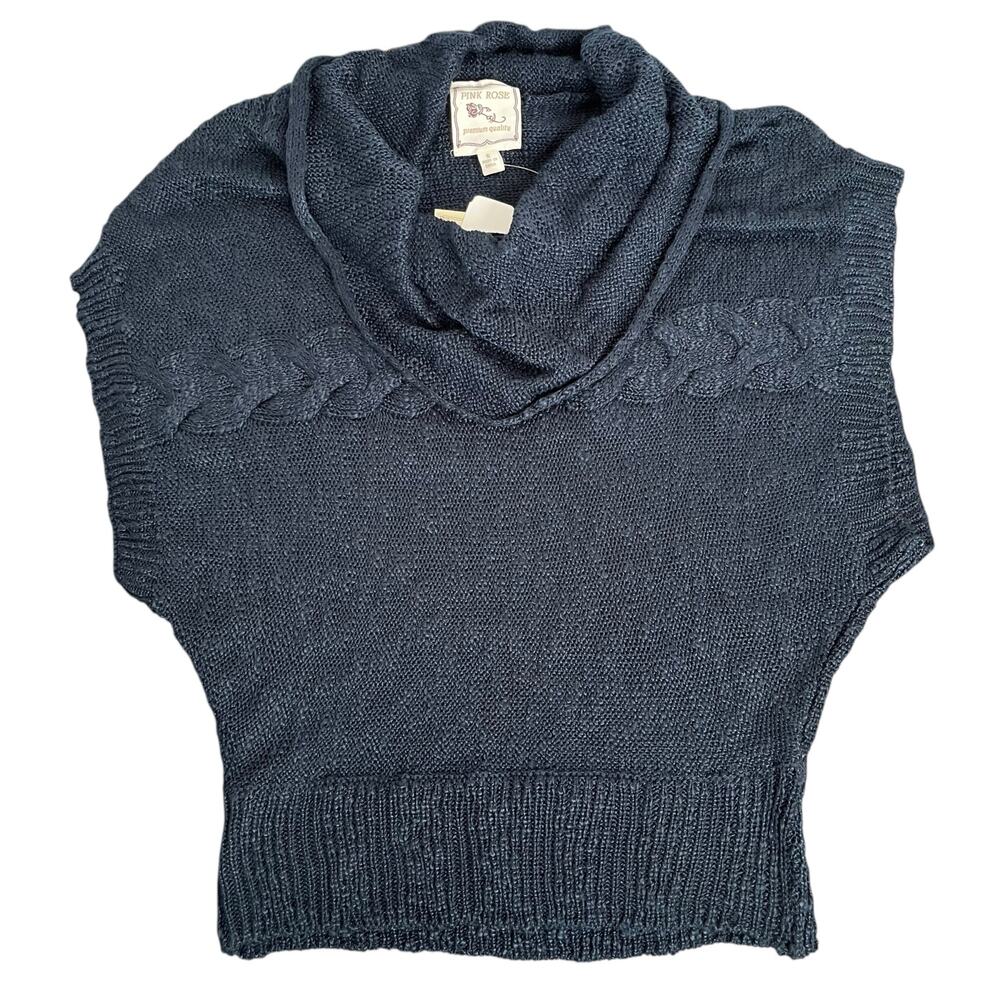 Pink Rose Navy Blue Open Knit Cowl Neck Sweater Vest NWT Deadstock S Boho Layer